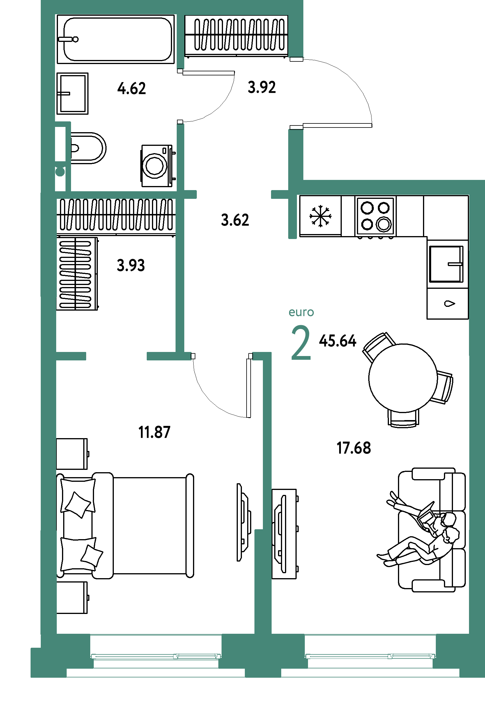 Планировка: Евродвушка 45,64 м² в ЖК «Остров-сад»