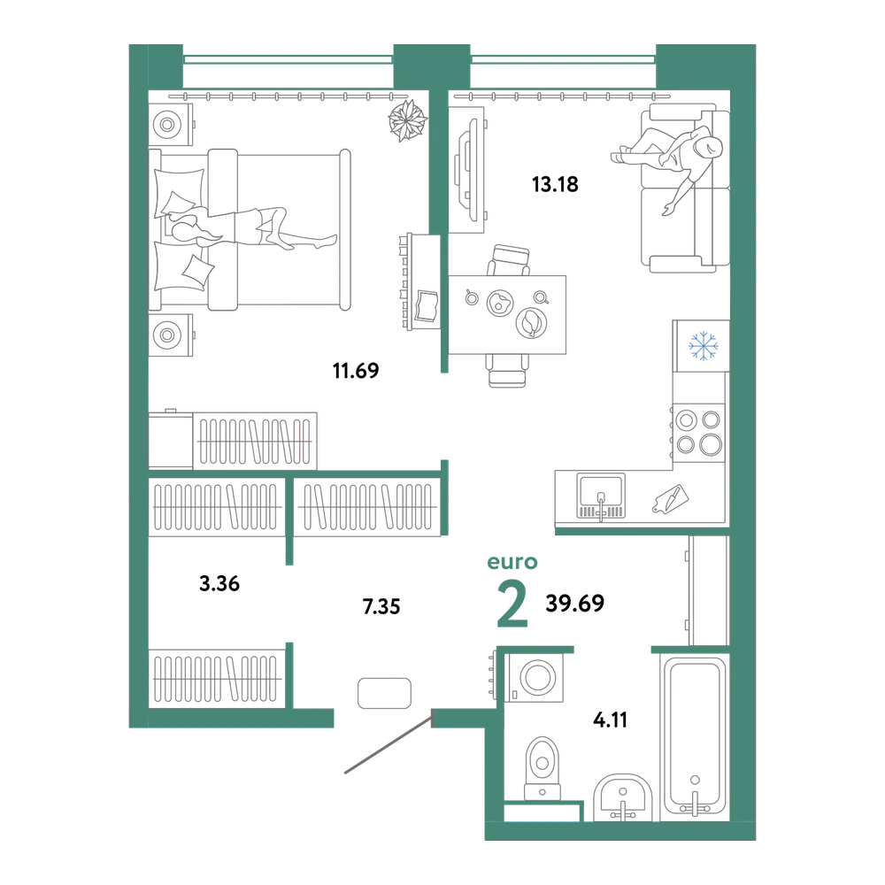 Планировка: Евродвушка 39,69 м²