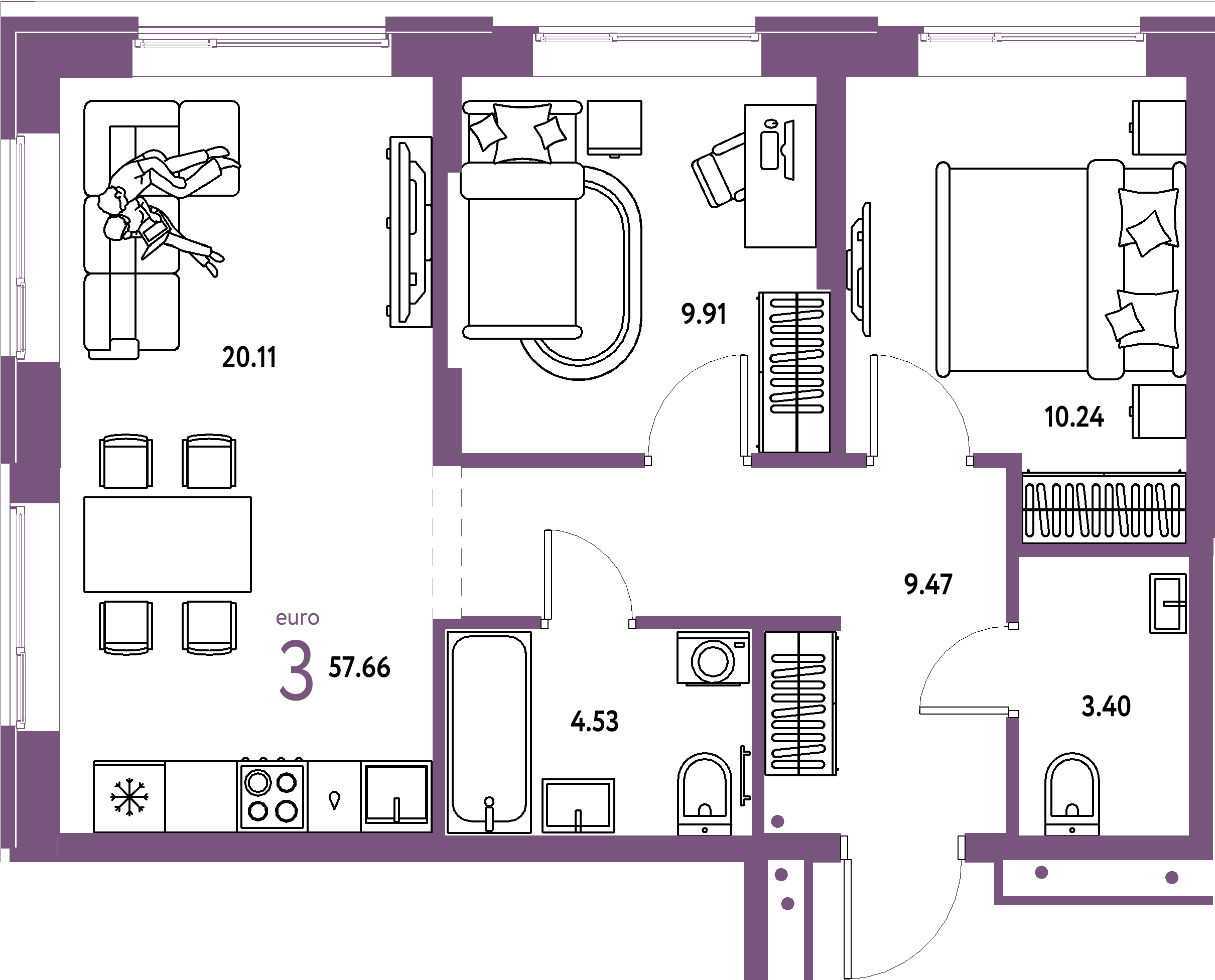 Планировка: Евротрёшка 57,66 м² в ЖК «Домашний»