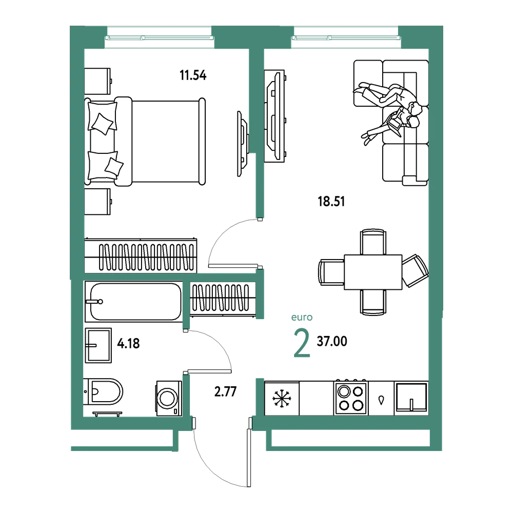 Планировка: Евродвушка 37 м²