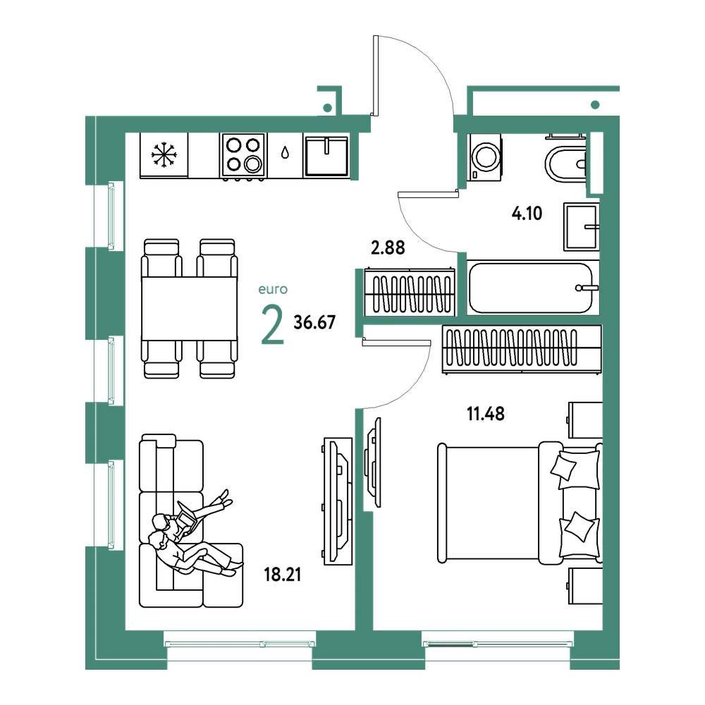 Планировка: Евродвушка 36,67 м²