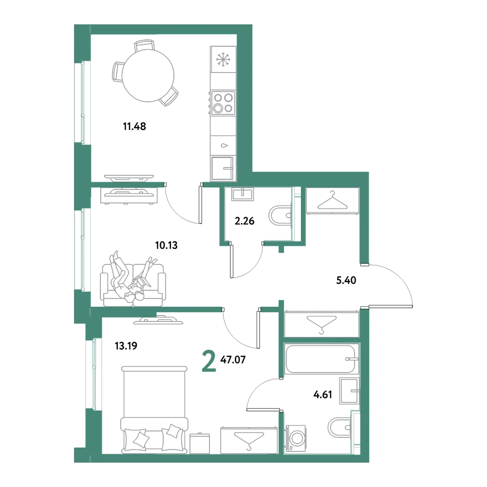 Планировка: 2-комнатная 47,07 м²