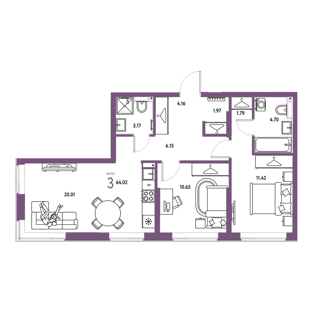Планировка: Евротрёшка 64,02 м²