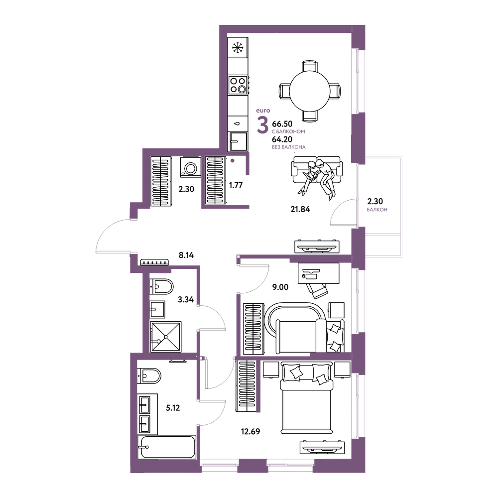 Планировка: Евротрёшка 66,5 м²