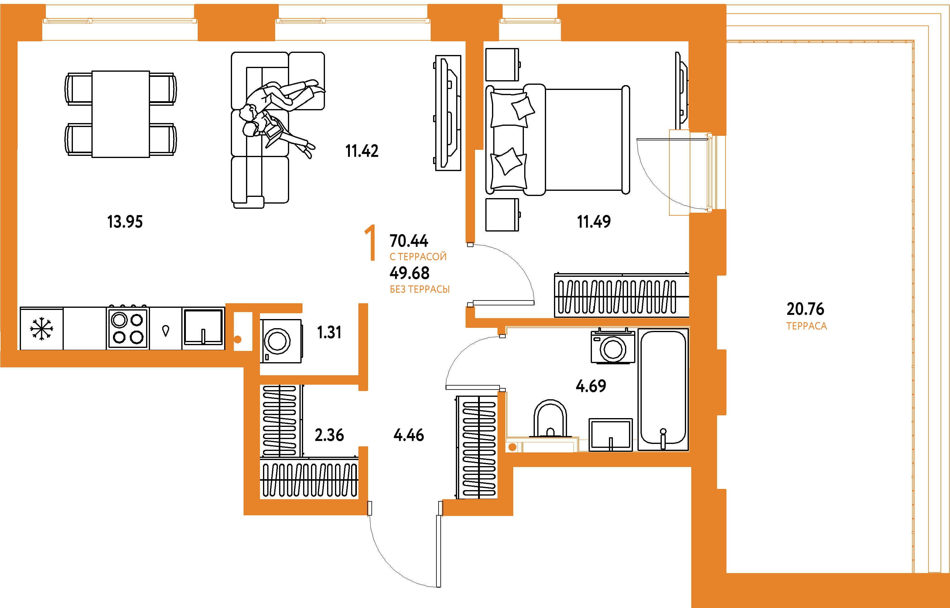 Планировка: 1-комнатная 70,36 м² в ЖК «Остров-сад»