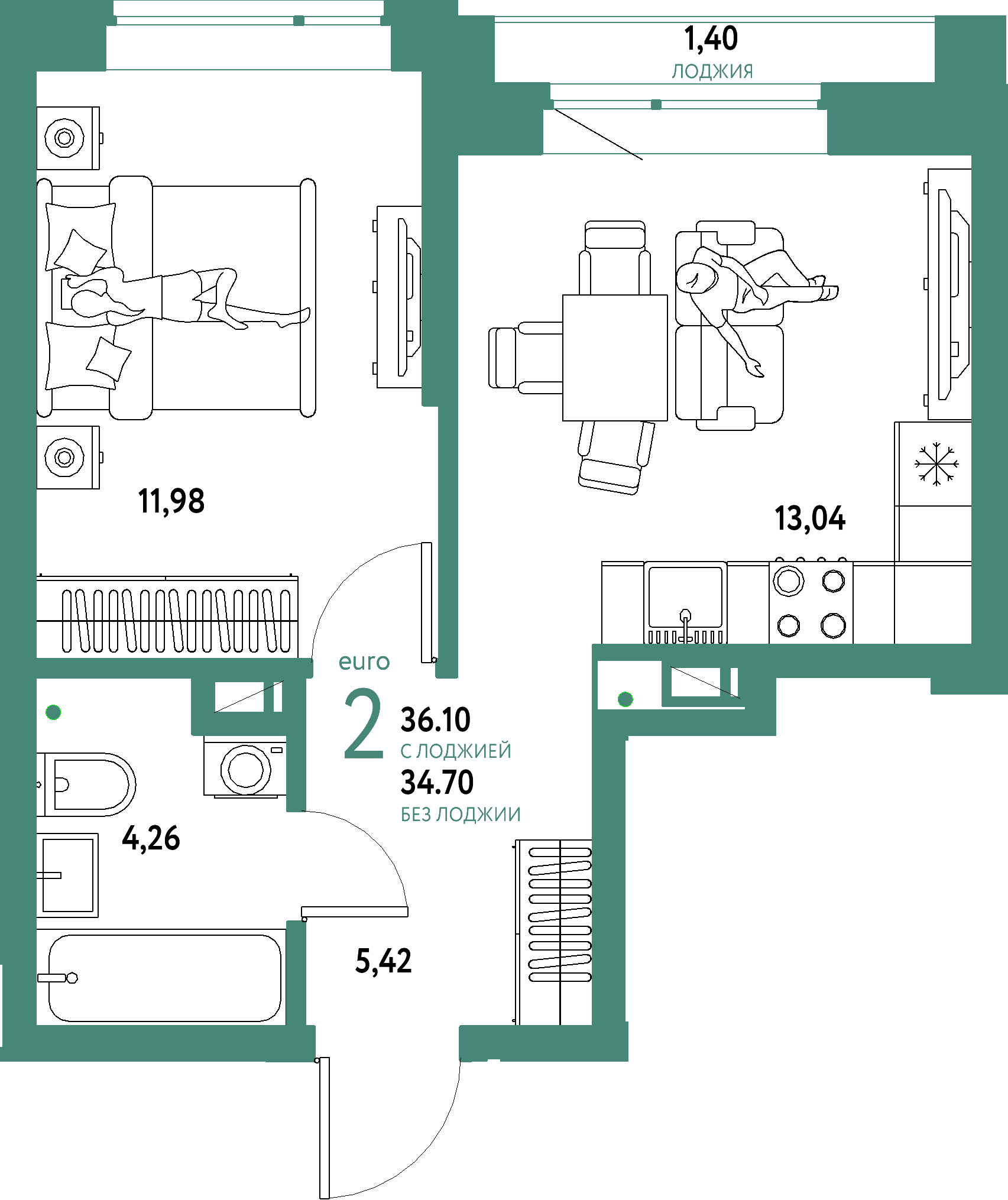 Планировка: Евродвушка 36,1 м² в ЖК «Авторский»