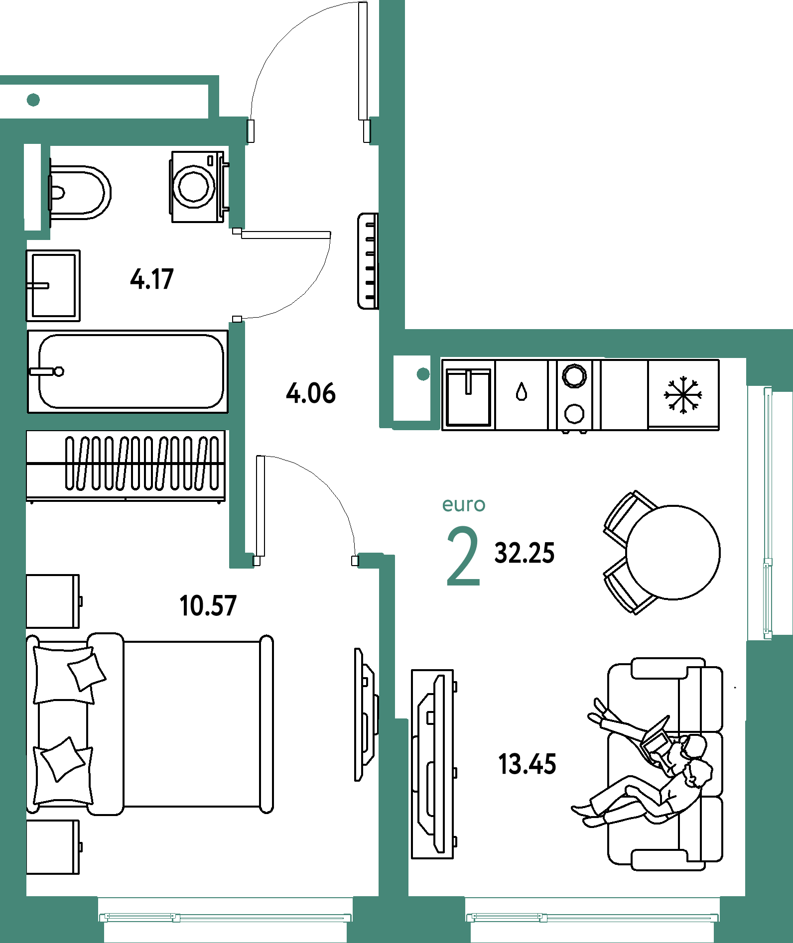 Планировка: 1-комнатная 32,25 м² в ЖК «Страна.Прибрежная»