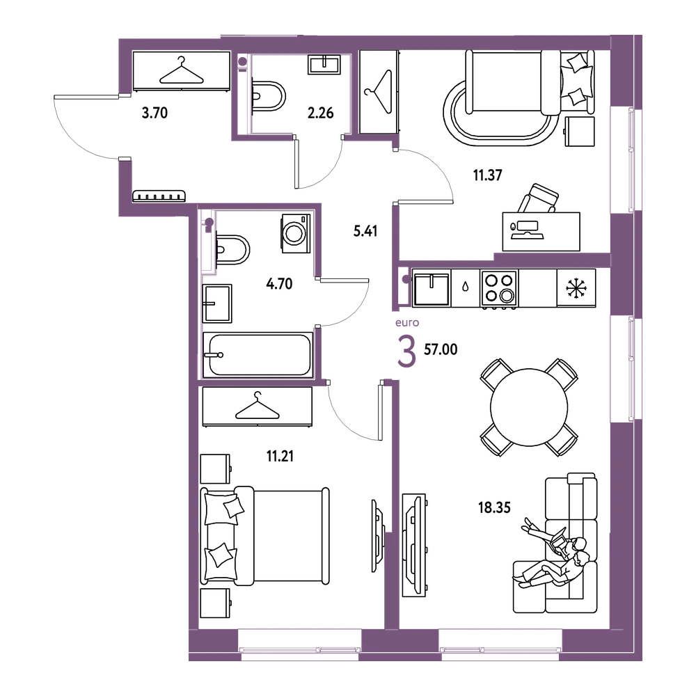 Планировка: Евротрёшка 57 м²