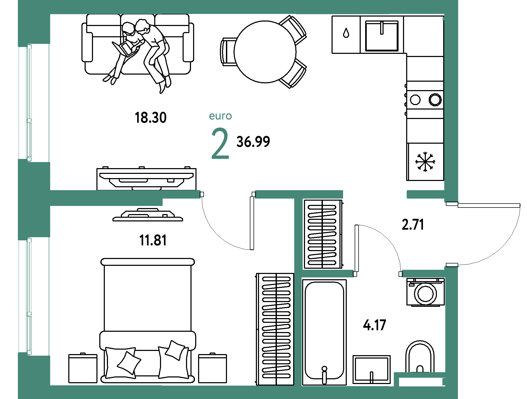 Планировка: Евродвушка 36,99 м² в ЖК «Остров-сад»
