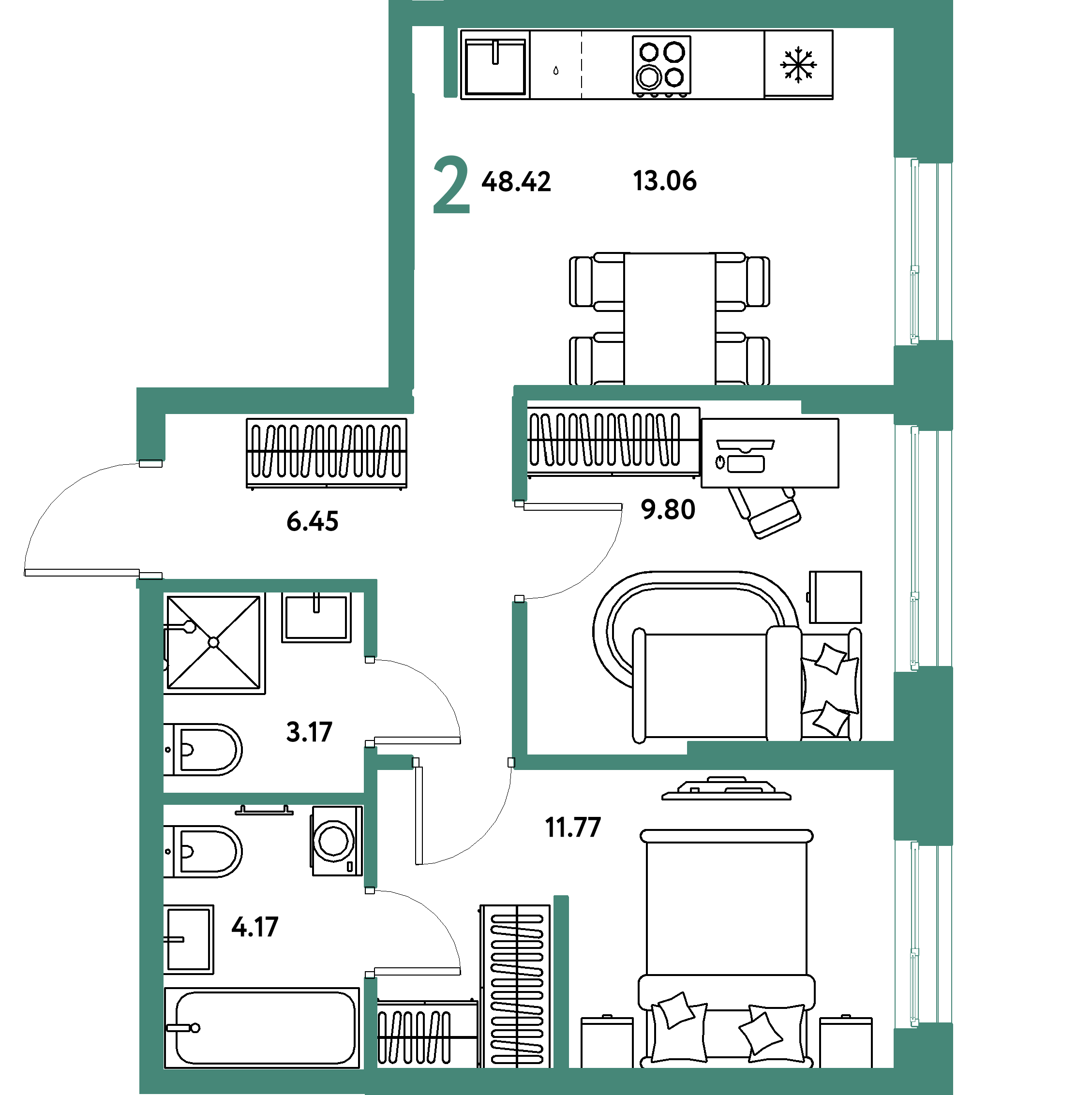 Планировка: 2-комнатная 48,42 м² в ЖК «Европейский берег 2.0»
