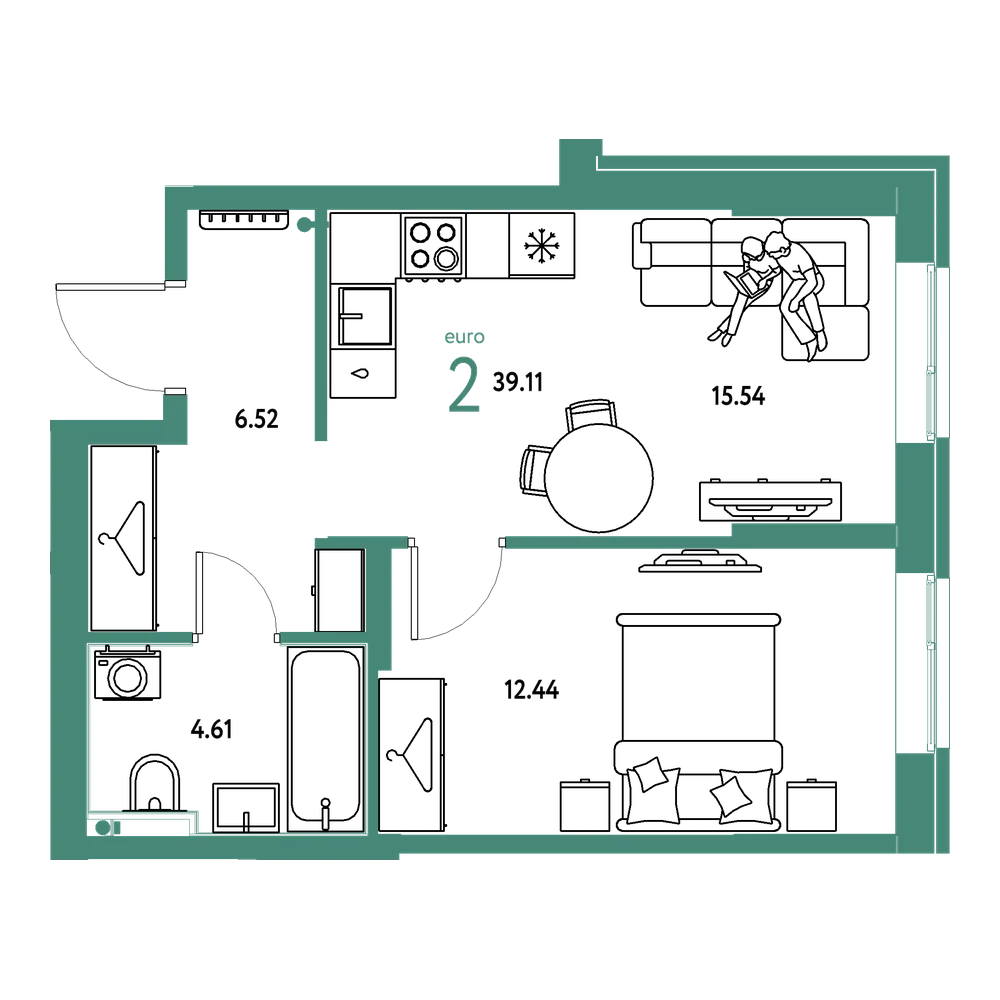 Планировка: Евродвушка 39,11 м²