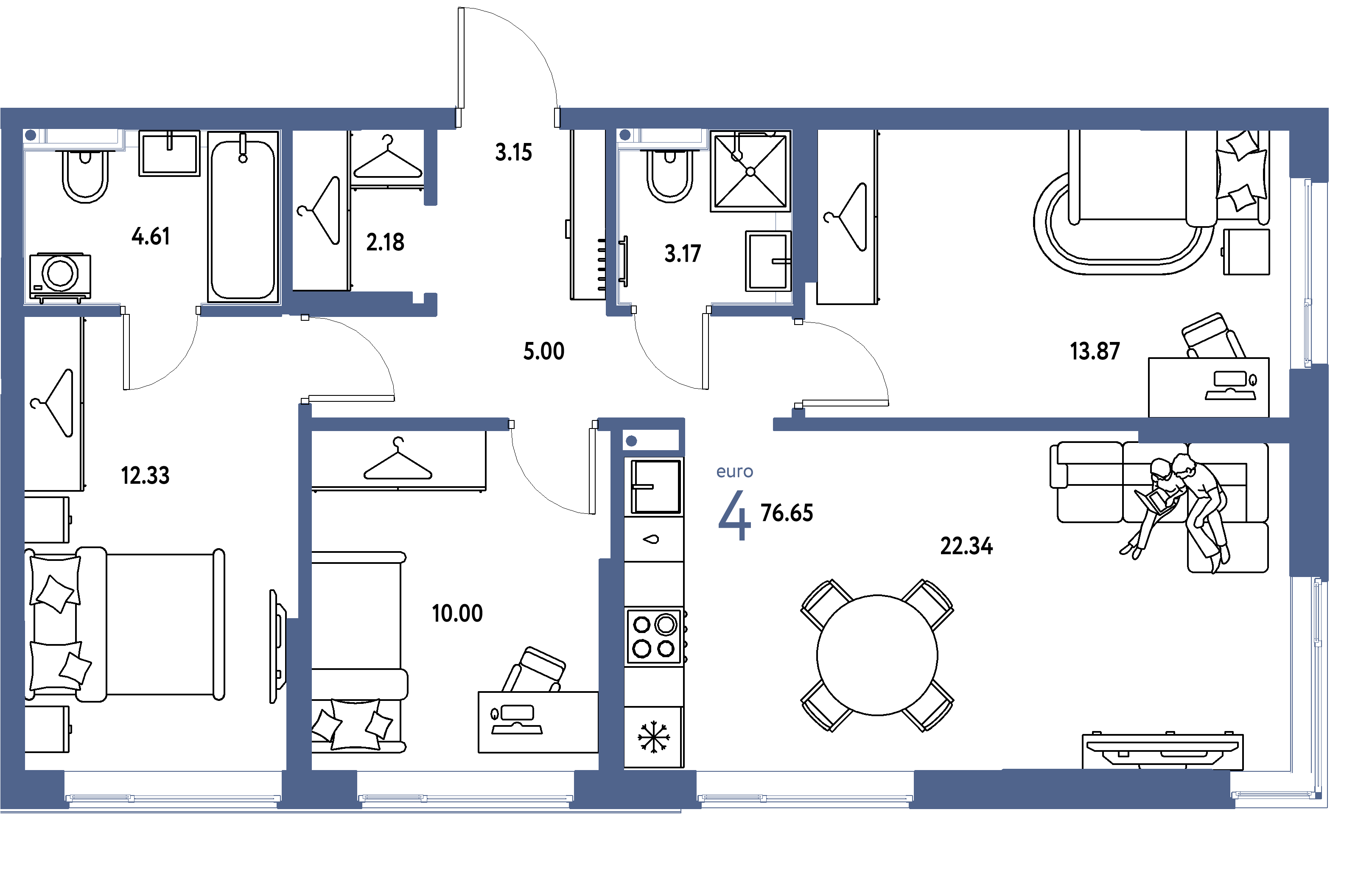 Планировка: Евро-4 76,65 м² в ЖК «Страна.Прибрежная»