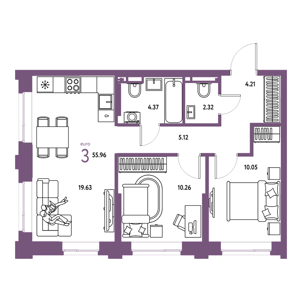 Планировка: Евротрёшка 55,96 м²