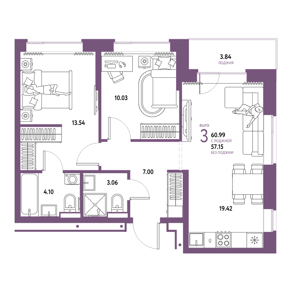 Планировка: Евротрёшка 60,99 м²