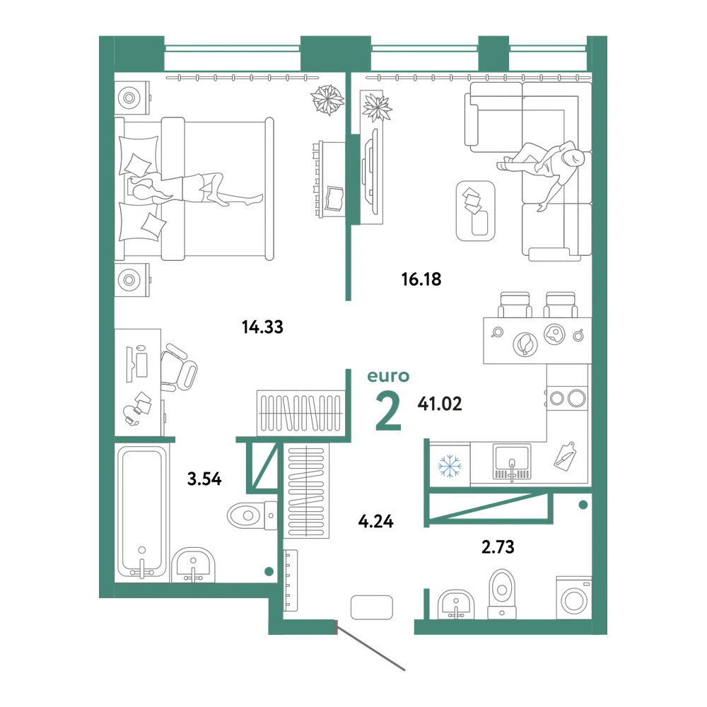 Планировка: Евродвушка 41,02 м²