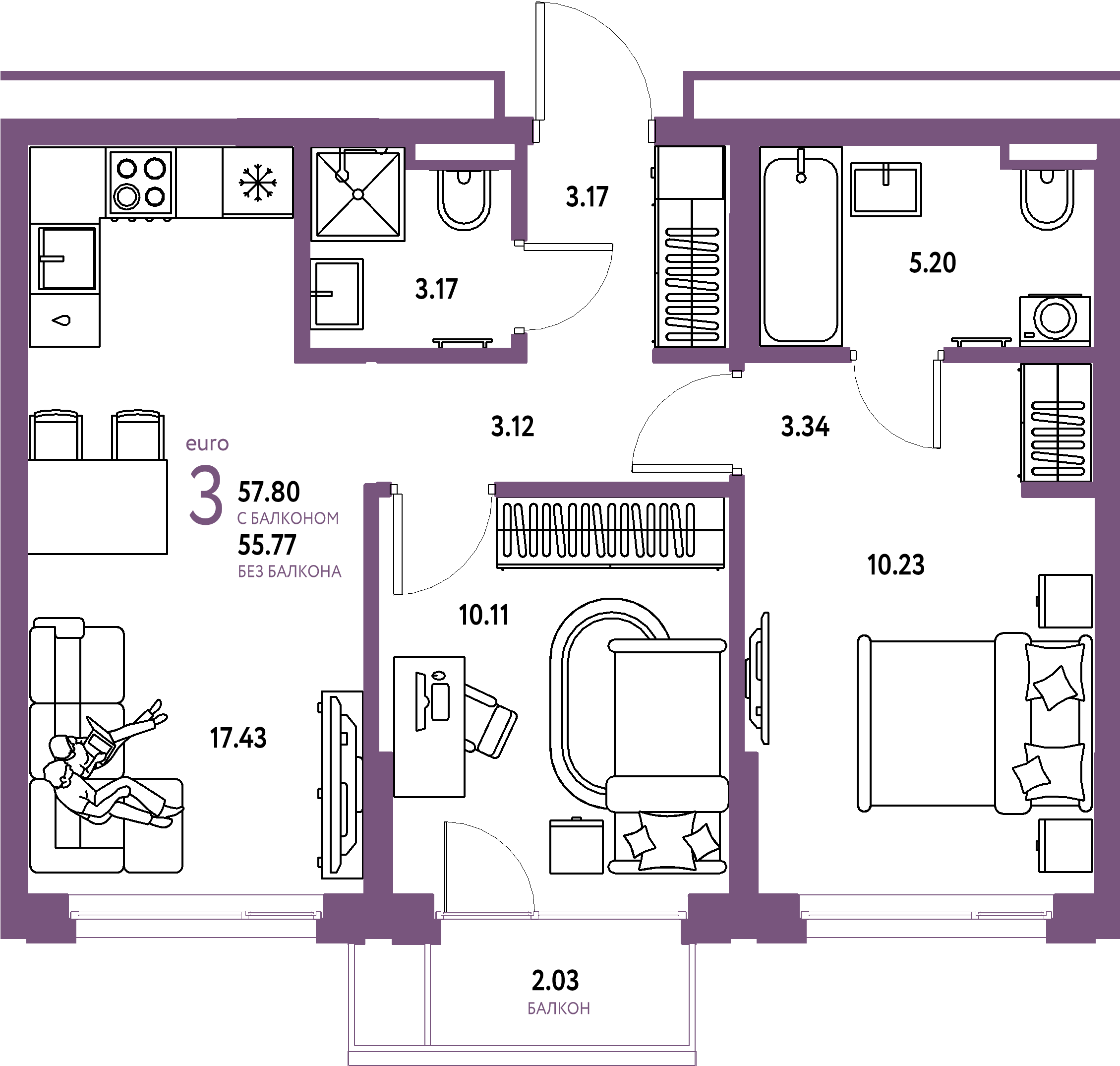 Планировка: Евротрёшка 57,8 м² в ЖК «Страна.Прибрежная»