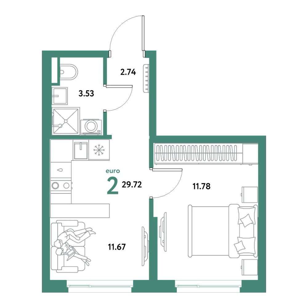 Планировка: Евродвушка 29,72 м²
