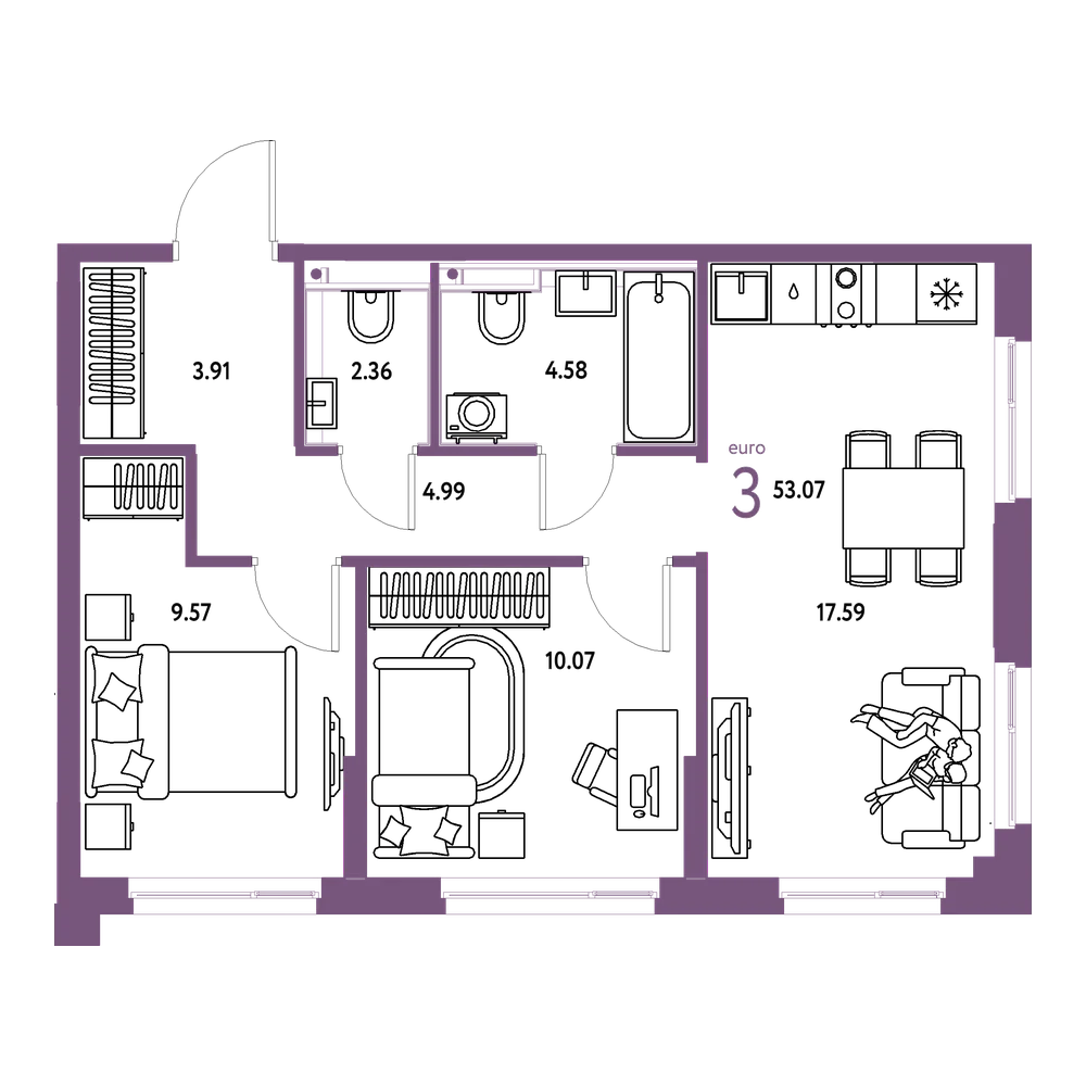 Планировка: Евротрёшка 53,07 м²