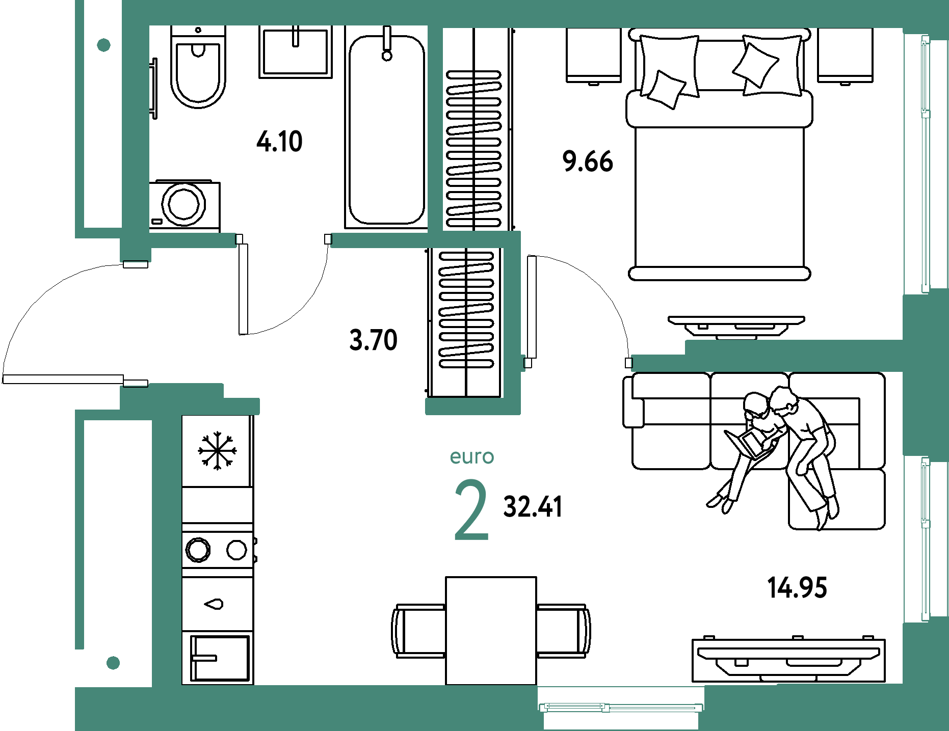 Планировка: Евродвушка 32,41 м² в ЖК «Домашний»