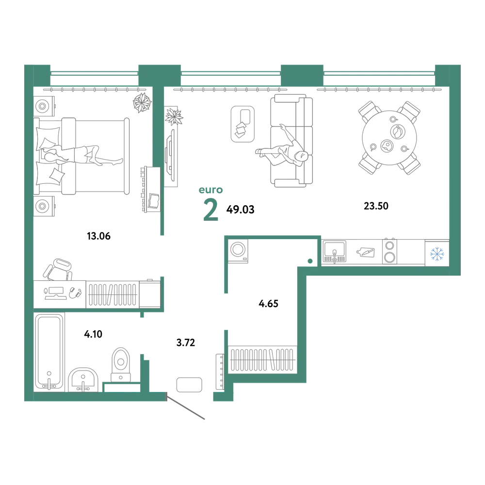 Планировка: Евродвушка 49,03 м²