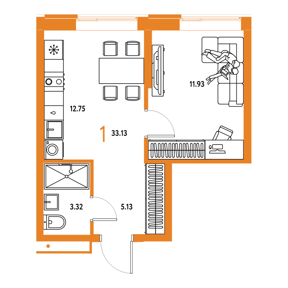 Планировка: 1-комнатная 33,13 м²