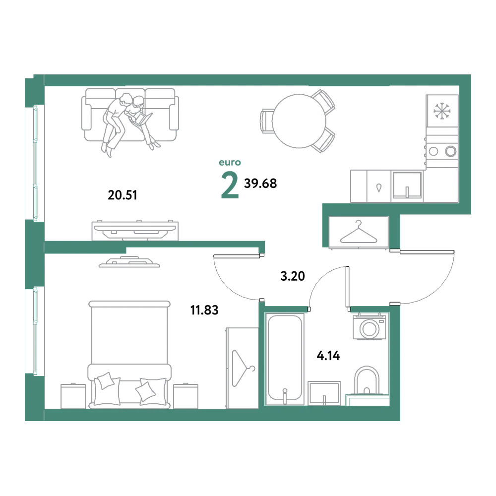 Планировка: Евродвушка 39,68 м²
