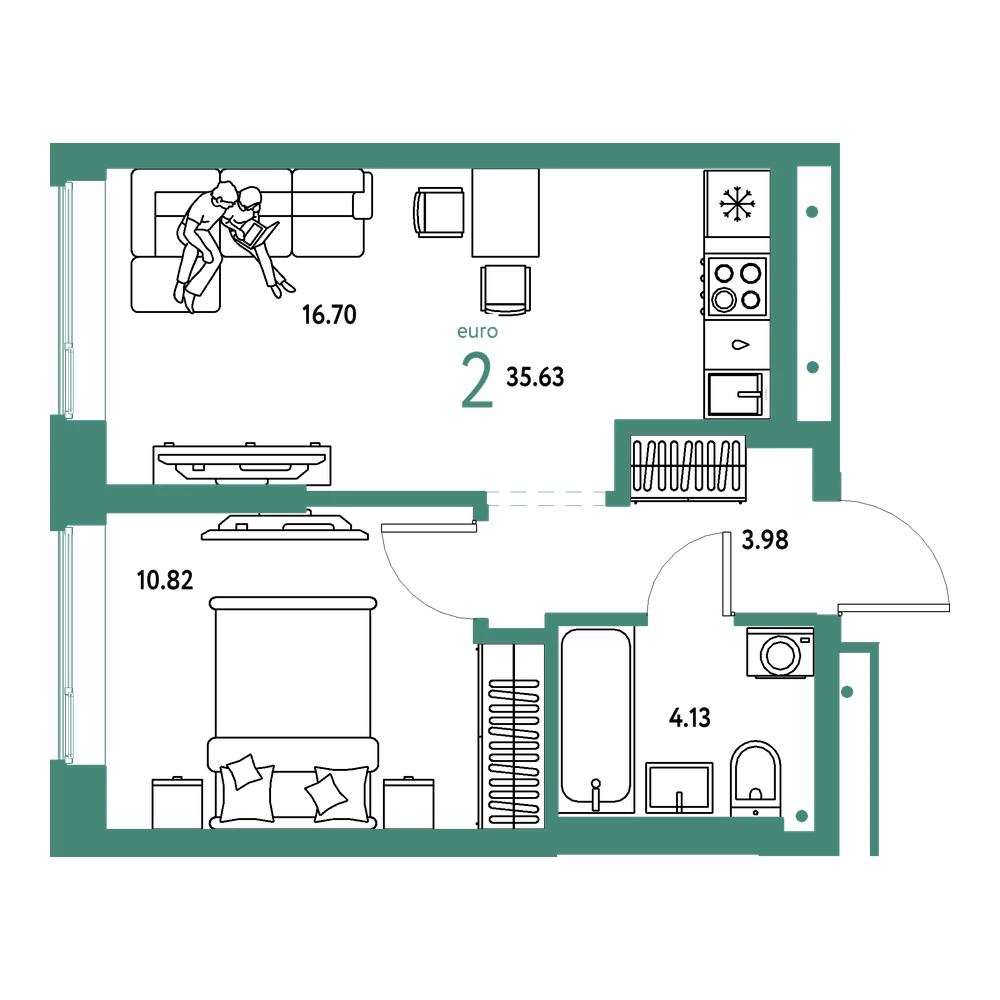 Планировка: Евродвушка 35,63 м²