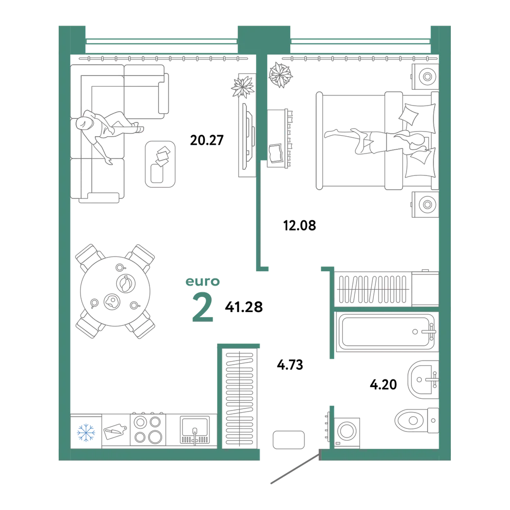 Планировка: Евродвушка 40,22 м²