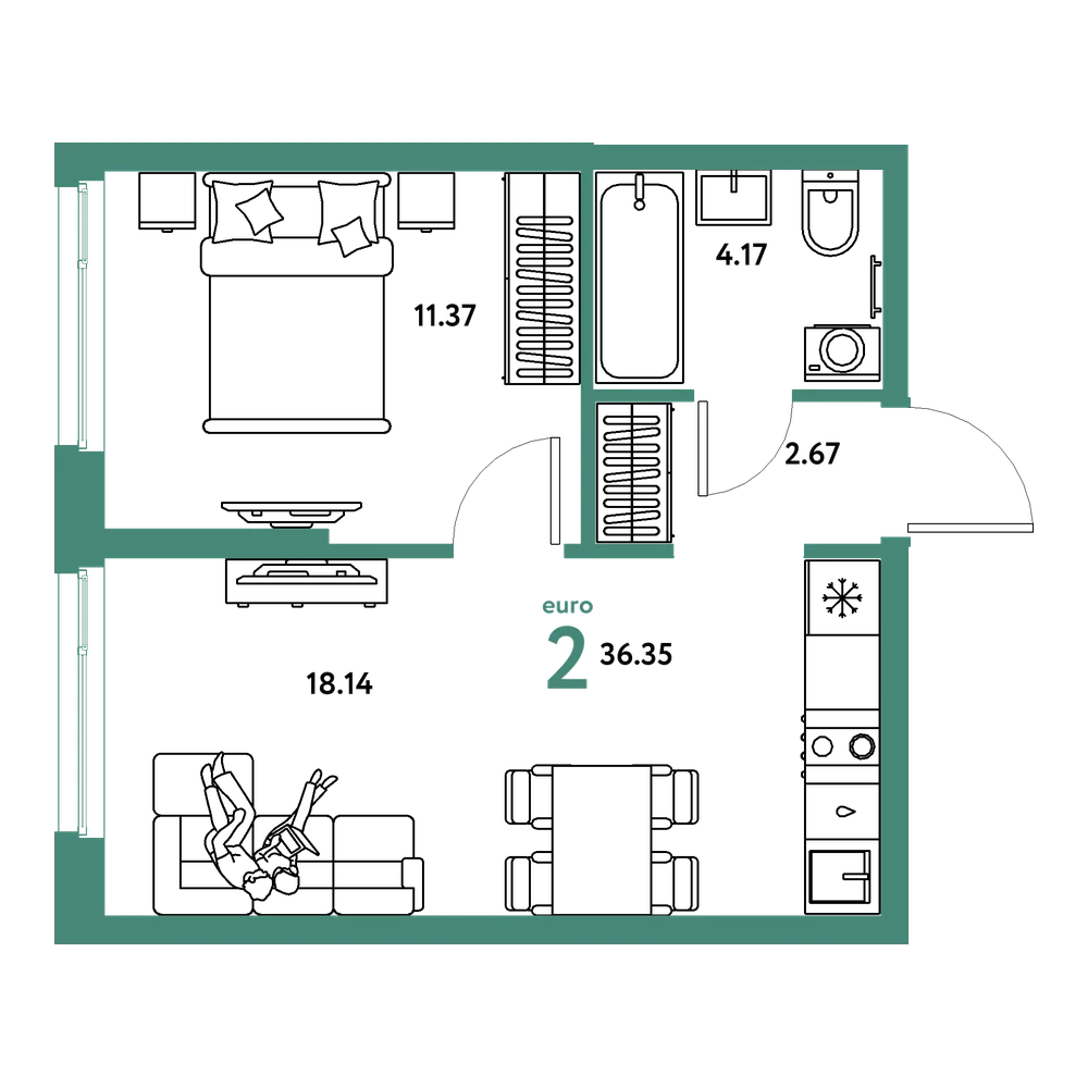 Планировка: Евродвушка 36,35 м²