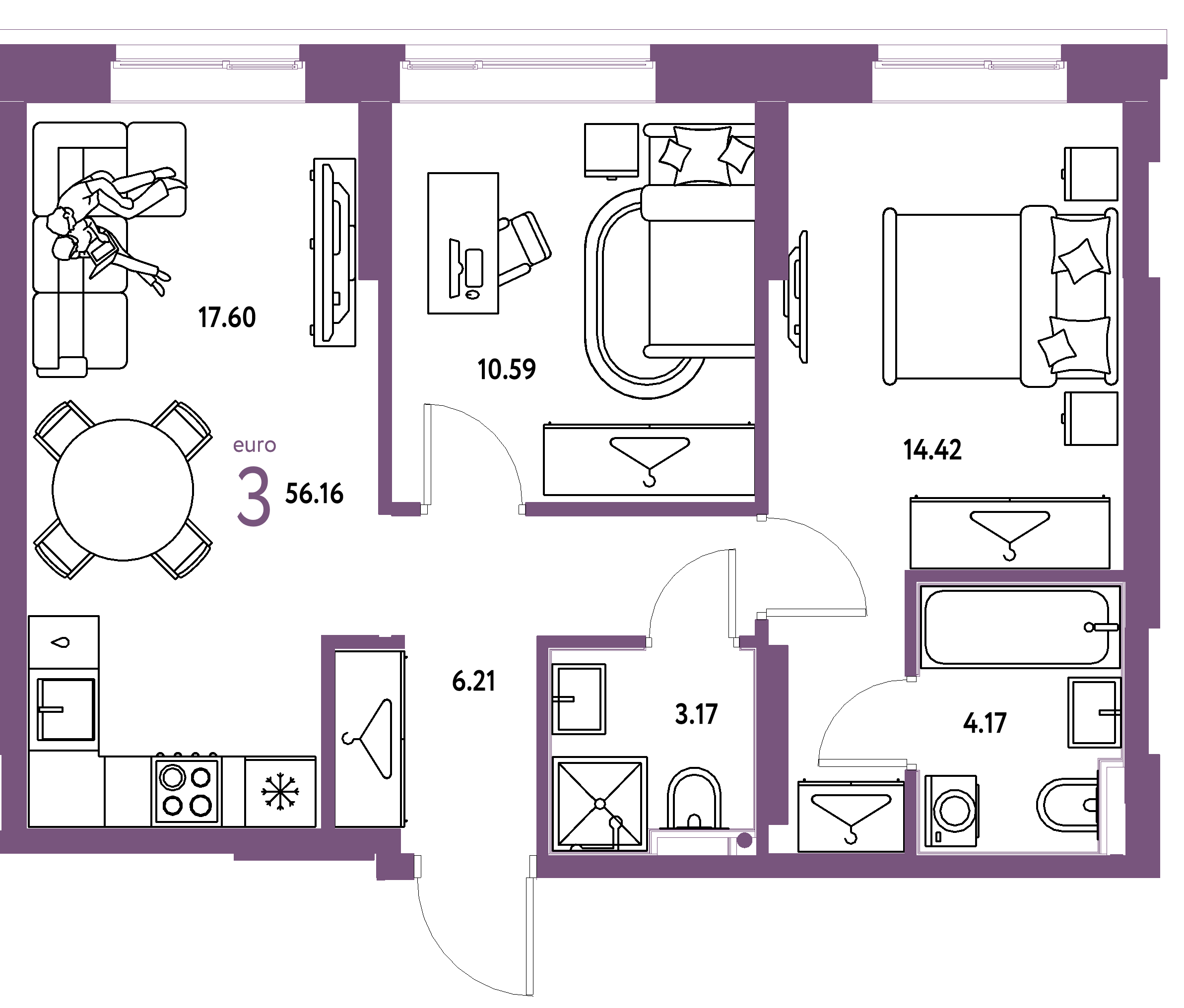 Планировка: Евротрёшка 56,16 м² в ЖК «Европейский берег 2.0»