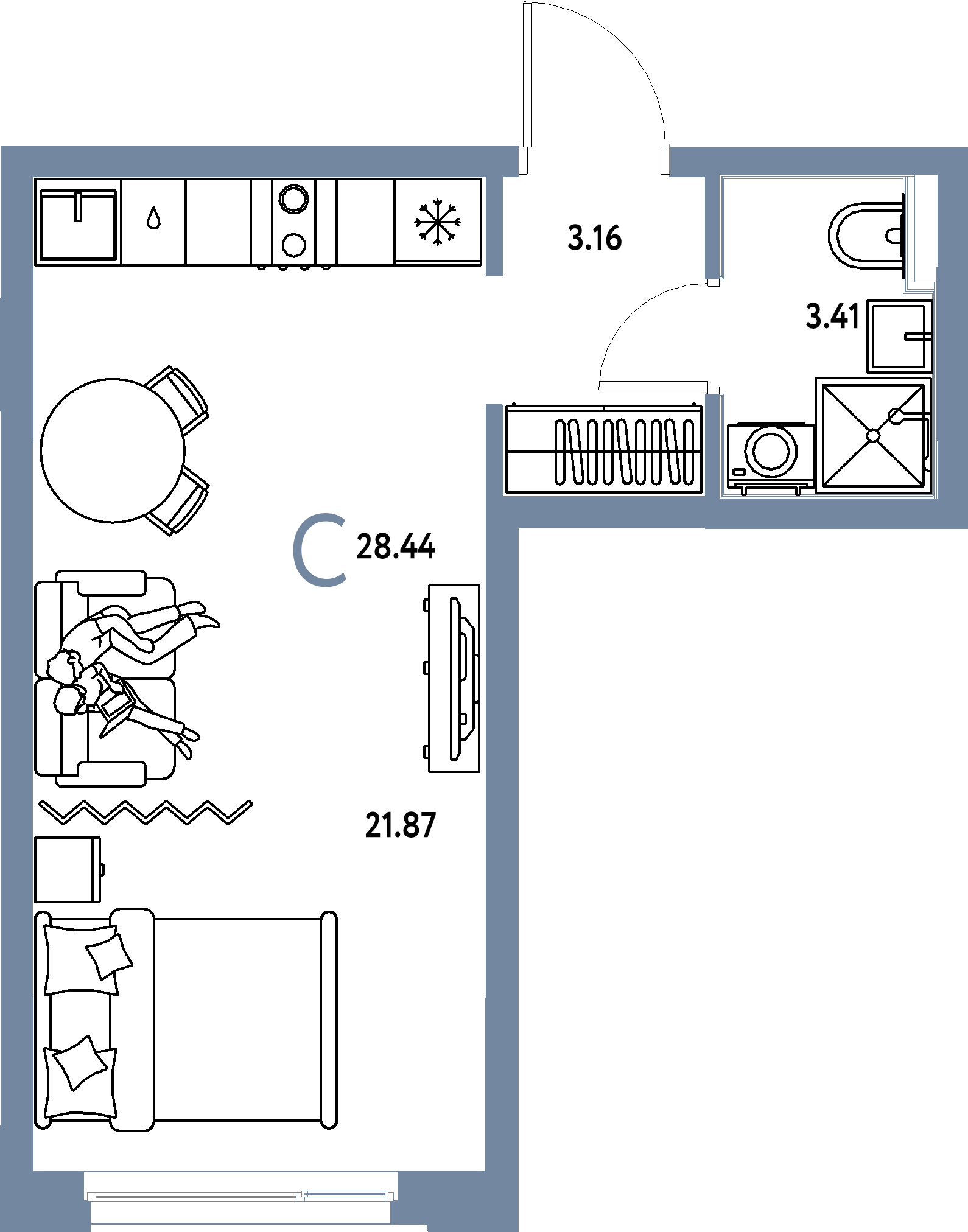 Планировка: Студия 28,44 м² в ЖК «Домашний»