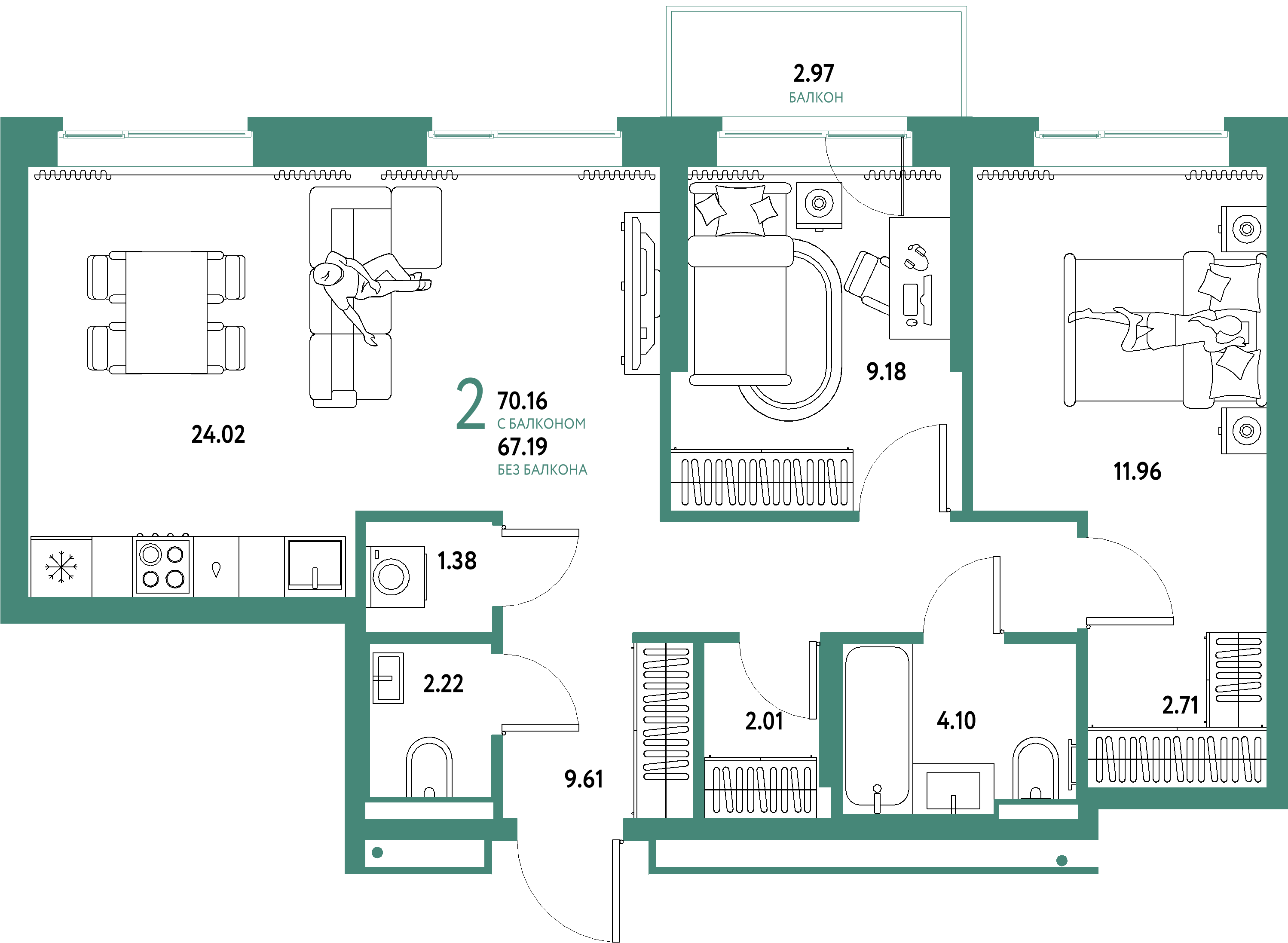 Планировка: Евротрёшка 70,16 м² в ЖК «Домашний»