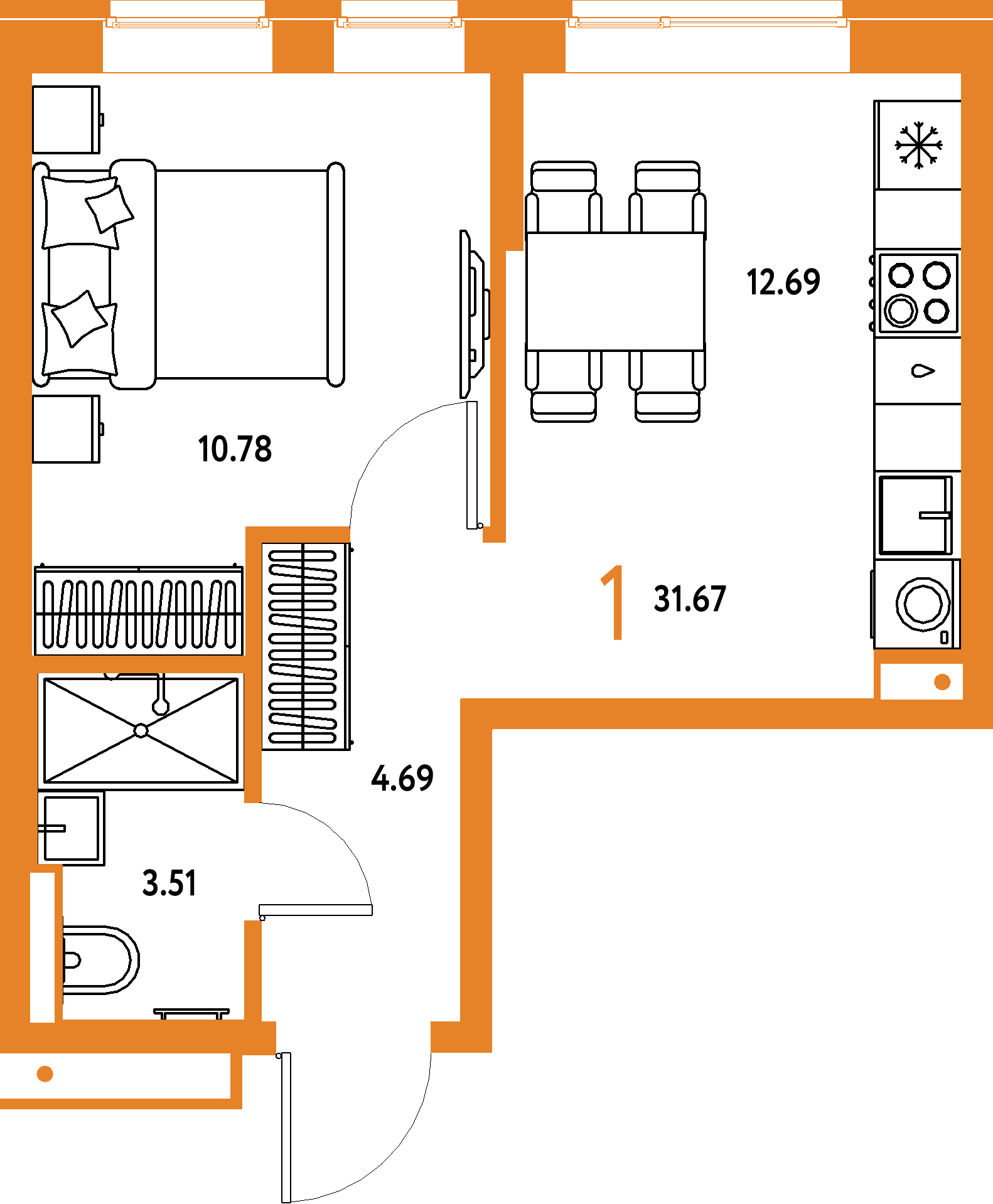 Планировка: 1-комнатная 31,67 м² в ЖК «Домашний»