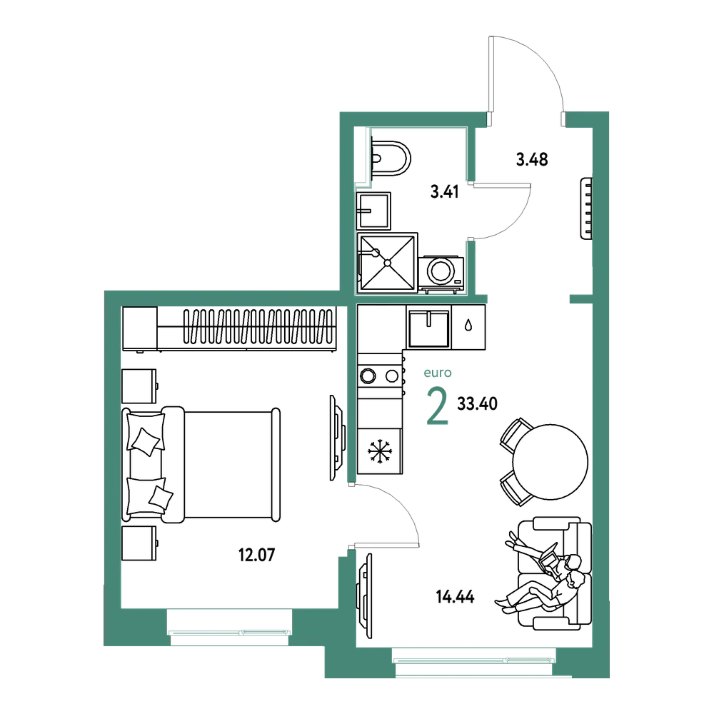 Планировка: Евродвушка 33,4 м²