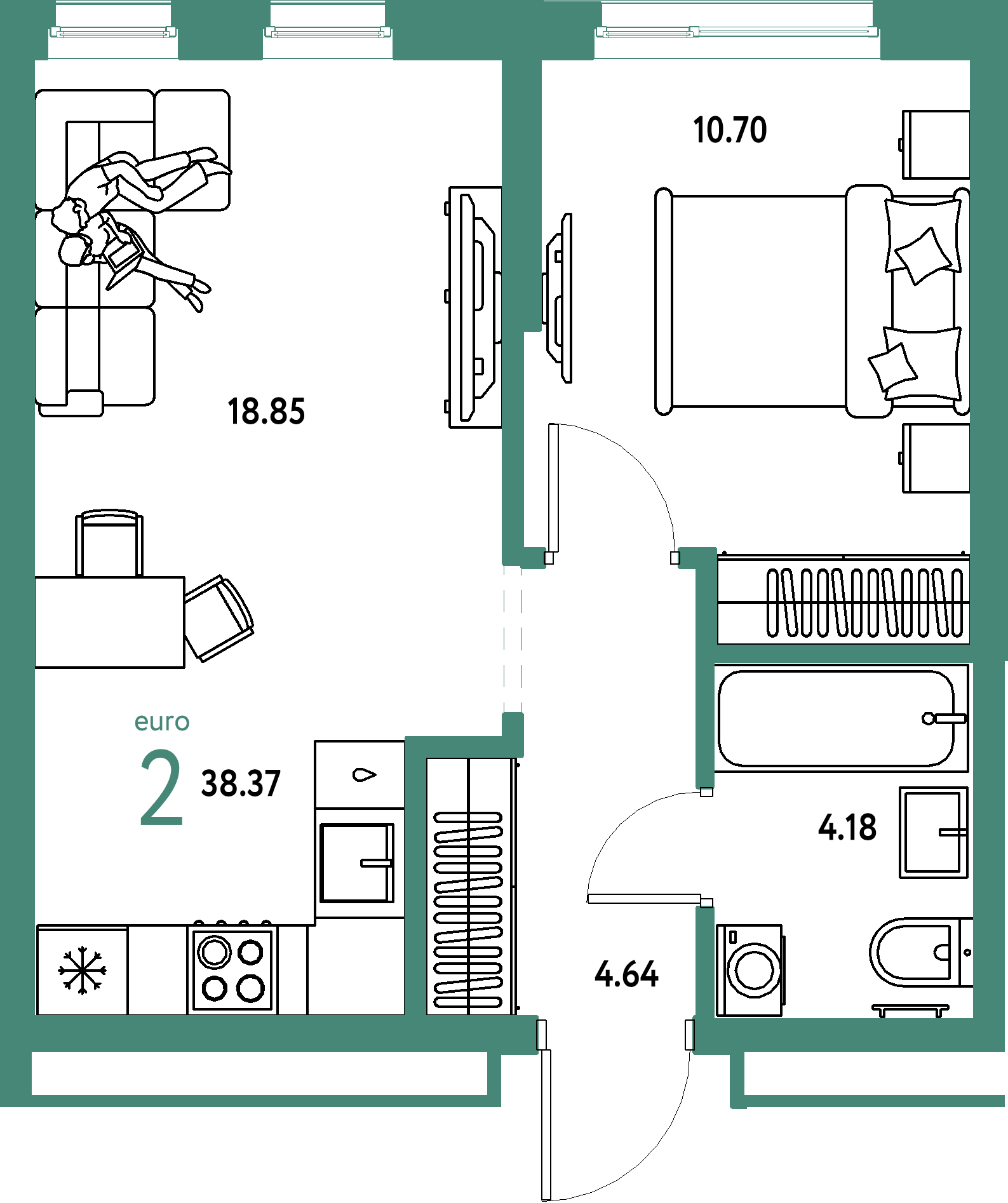 Планировка: Евродвушка 38,37 м² в ЖК «Домашний»