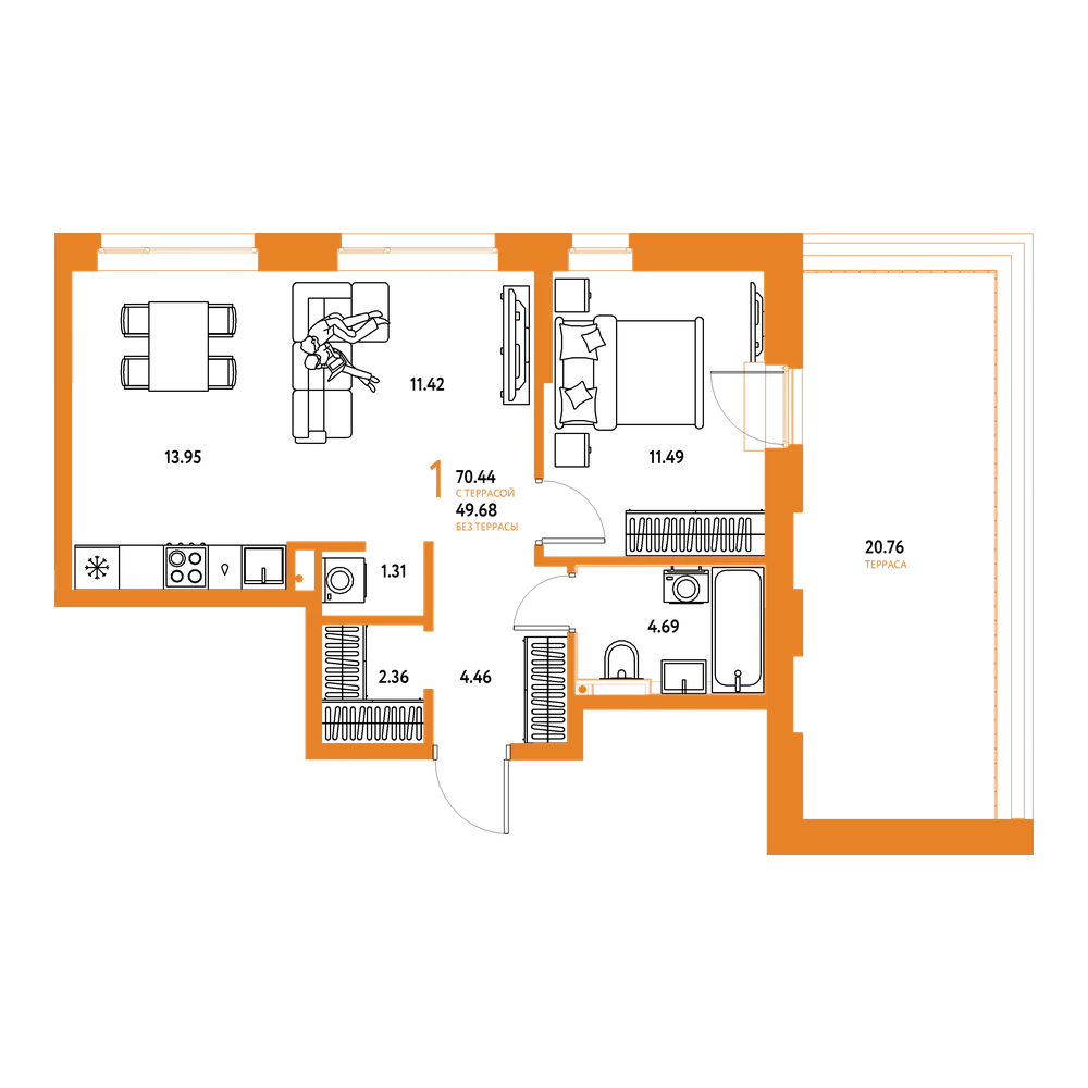 Планировка: 1-комнатная 70,36 м²