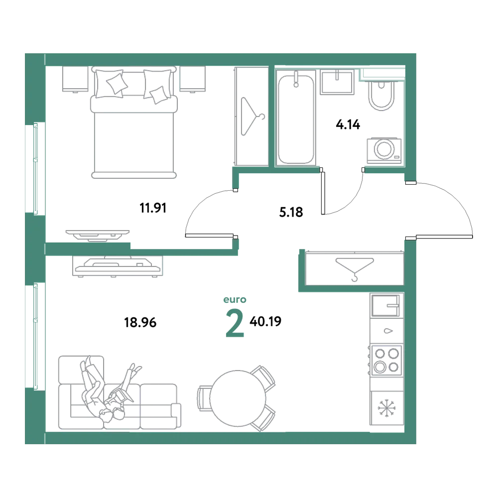 Планировка: Евродвушка 40,19 м²