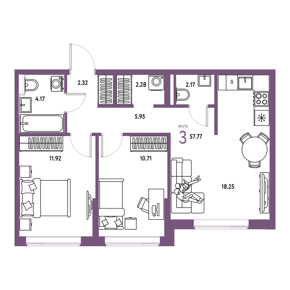 Планировка: Евротрёшка 57,84 м²
