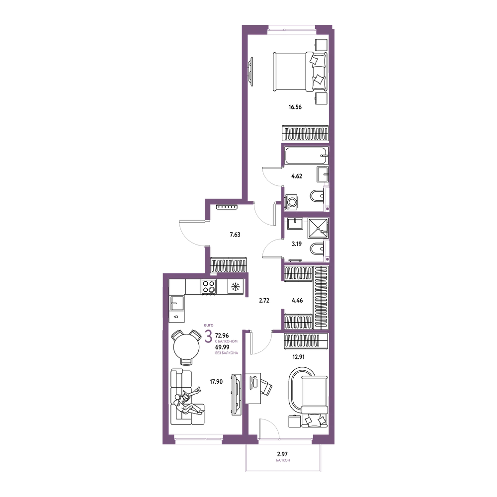 Планировка: Евротрёшка 72,96 м²