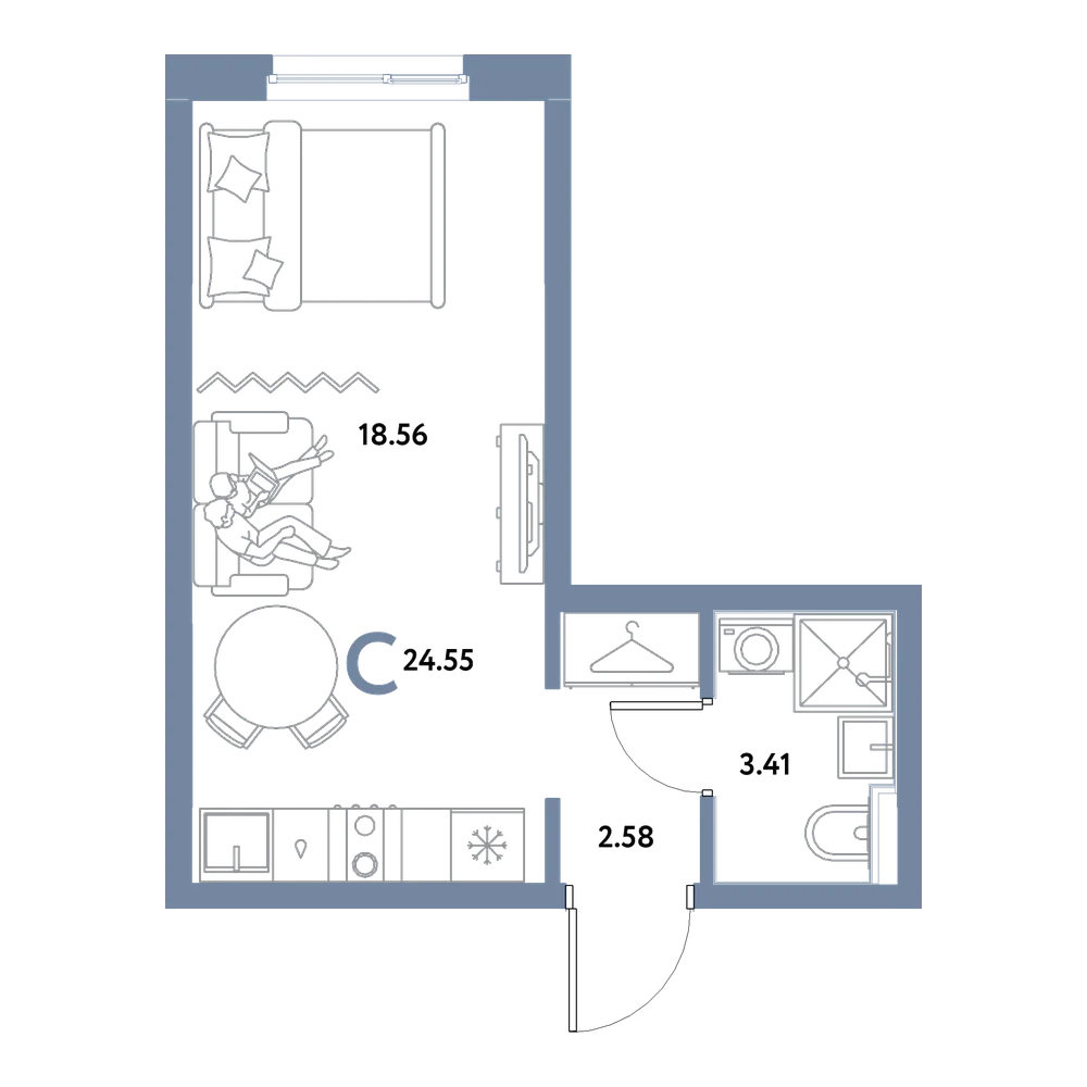 Планировка: Студия 24,55 м²