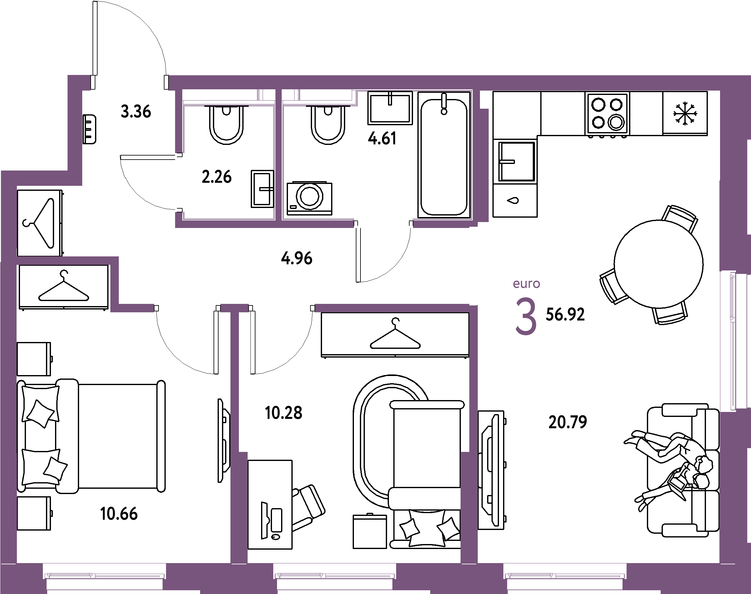 Планировка: Евротрёшка 56,92 м² в ЖК «Европейский берег 2.0»