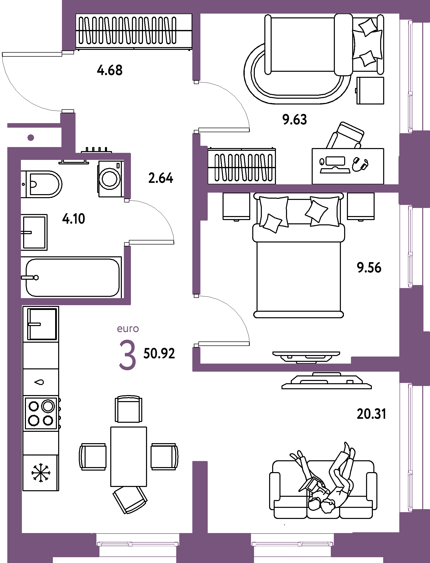 Планировка: Евротрёшка 50,92 м² в ЖК «Домашний»