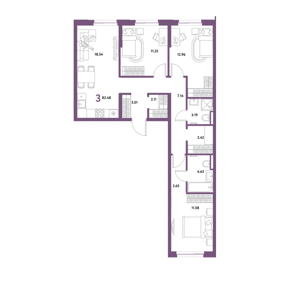 Планировка: 3-комнатная 82,48 м²
