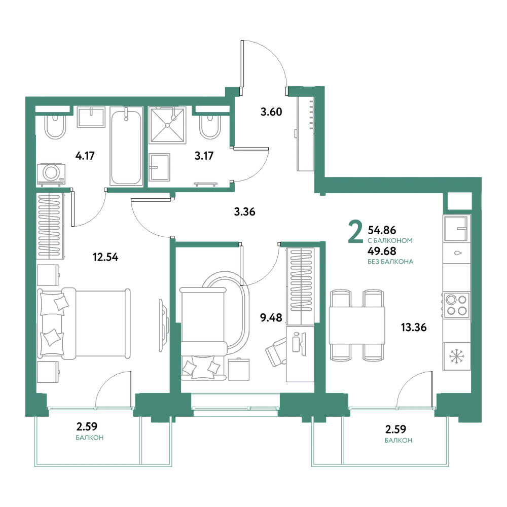 Планировка: 2-комнатная 54,86 м²