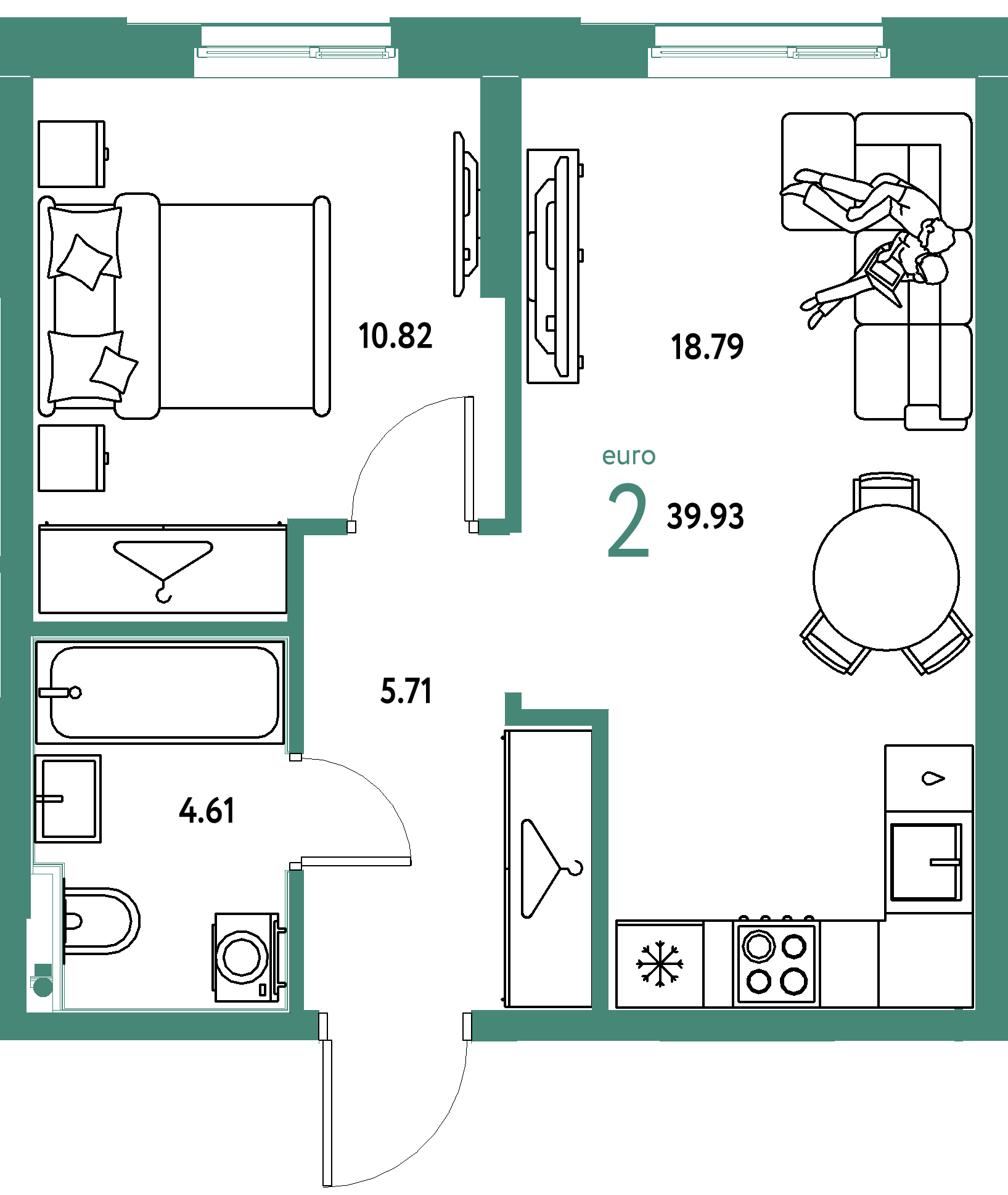 Планировка: Евродвушка 39,93 м² в ЖК «Европейский берег 2.0»