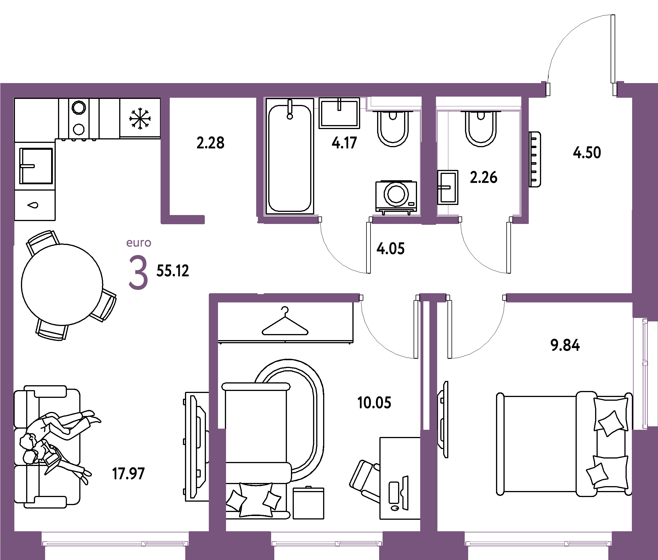 Планировка: Евротрёшка 55,12 м² в ЖК «Страна.Прибрежная»