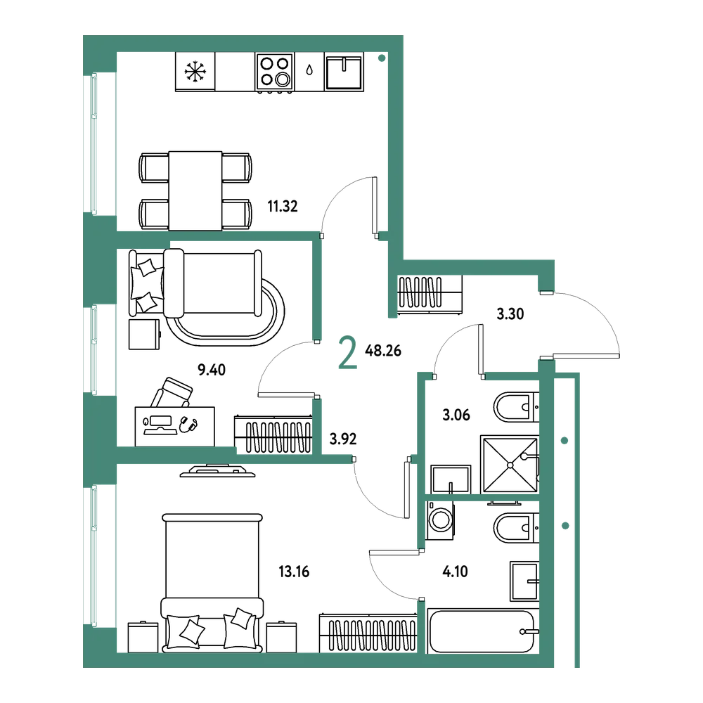 Планировка: 2-комнатная 48,26 м²