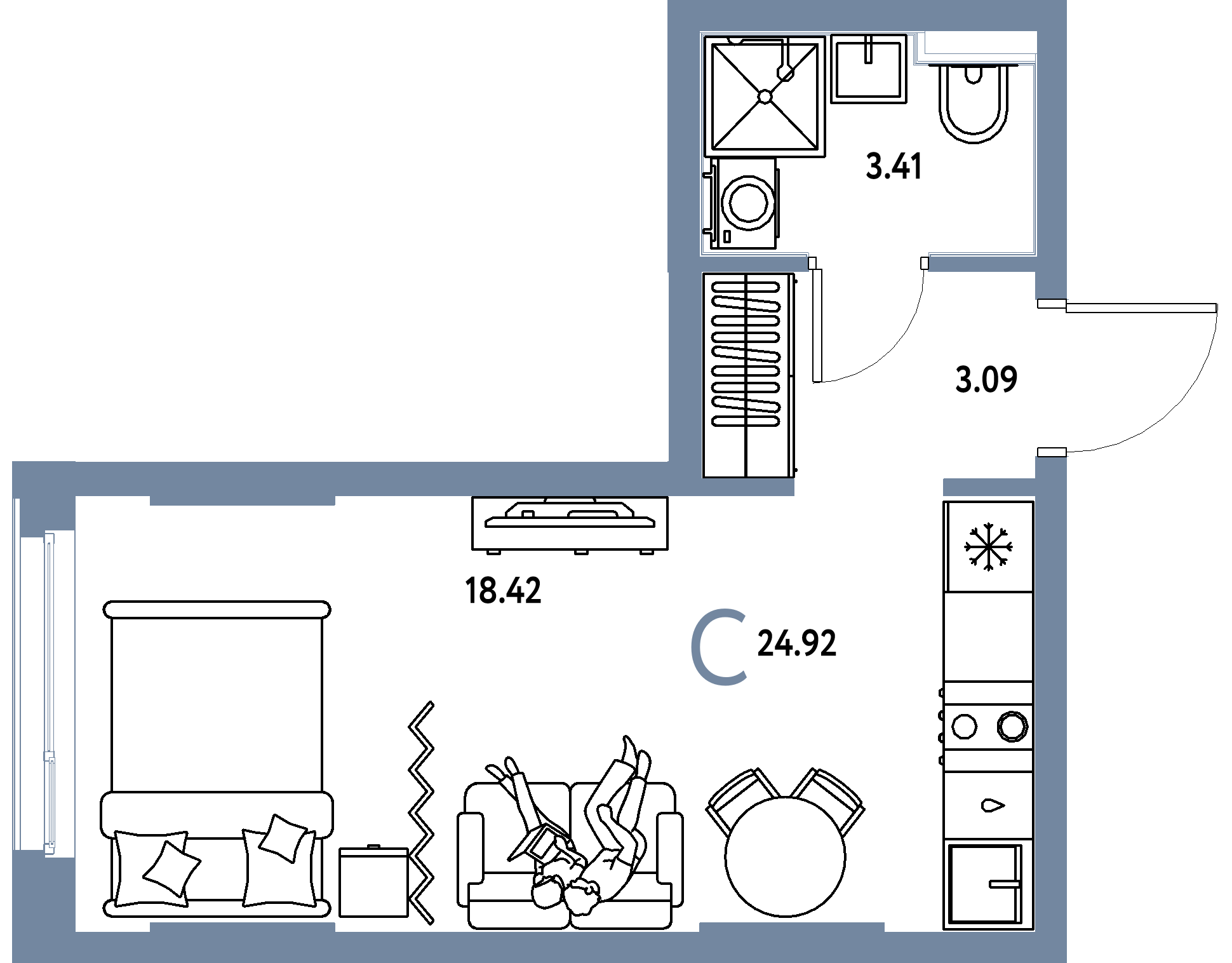 Планировка: Студия 24,92 м² в ЖК «Сердце Сибири»