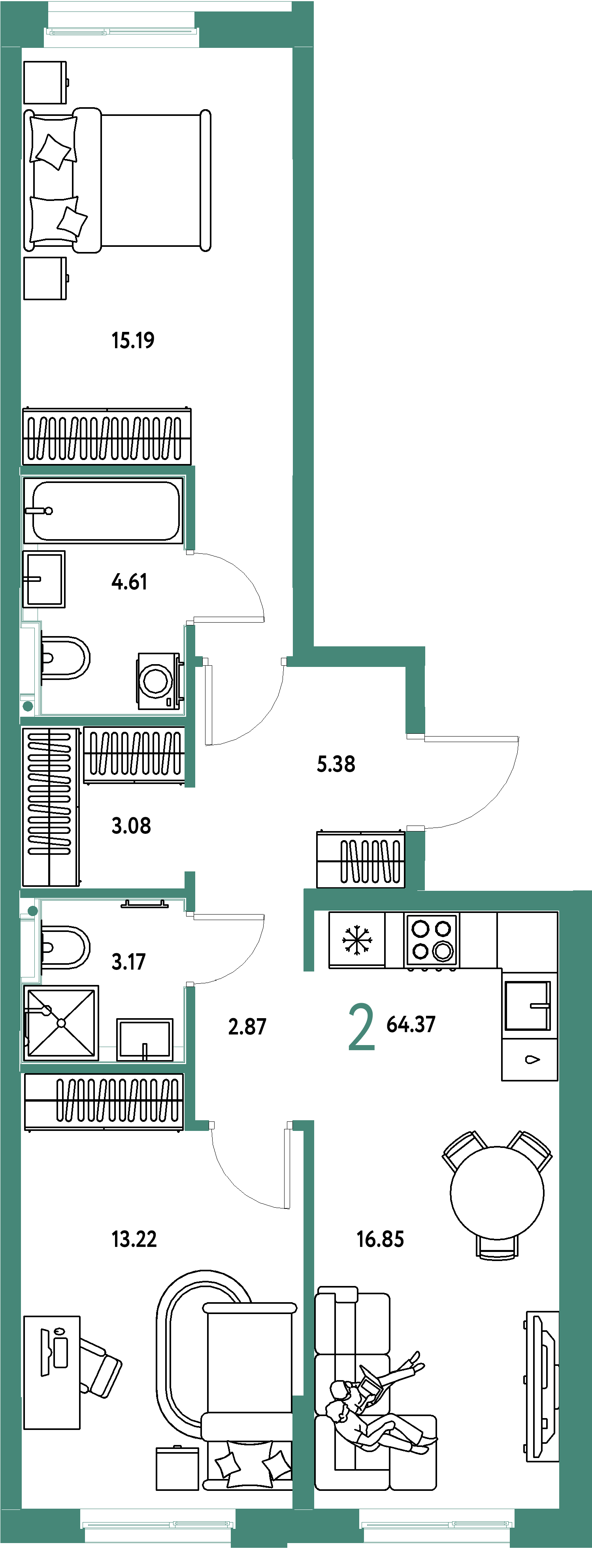 Планировка: 2-комнатная 64,37 м² в ЖК «Домашний»