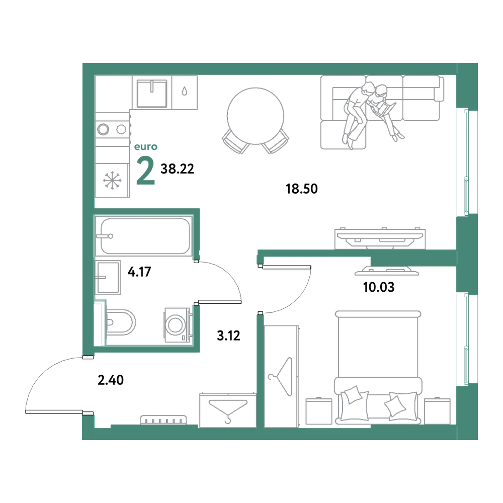 Планировка: Евродвушка 38,22 м²